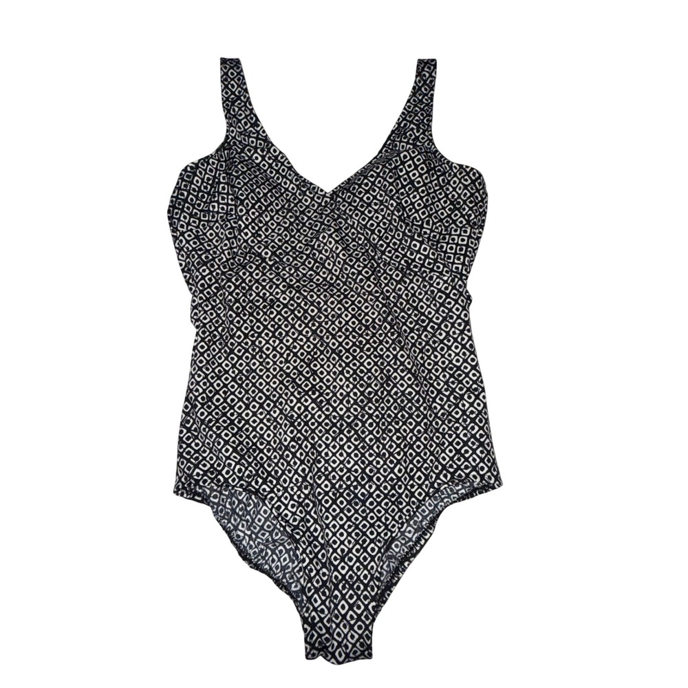 Miraclesuit Swimsuit 14 Black White Geometric V-Neck One Piece Retro Mod Shaping